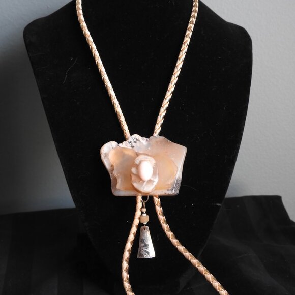 Handmade Artisan Moss Agate & Mexican Opal Bone Silver Bolo Tie - Picture 5 of 7